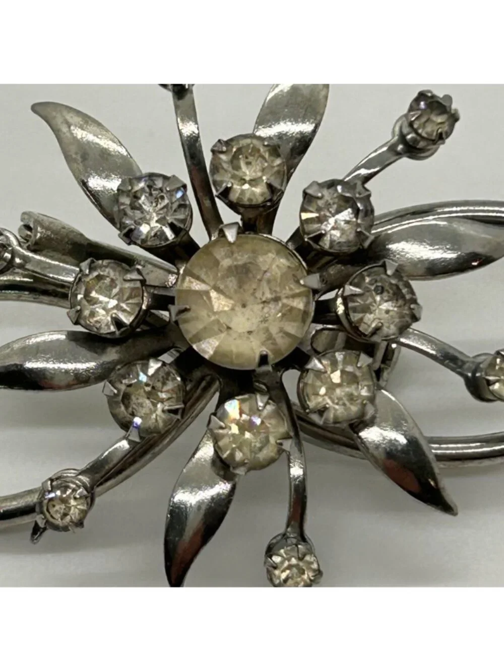 Vintage Clear Rhinestone Brooch Infinity Starburst Floral Pin Silver-tone MCM